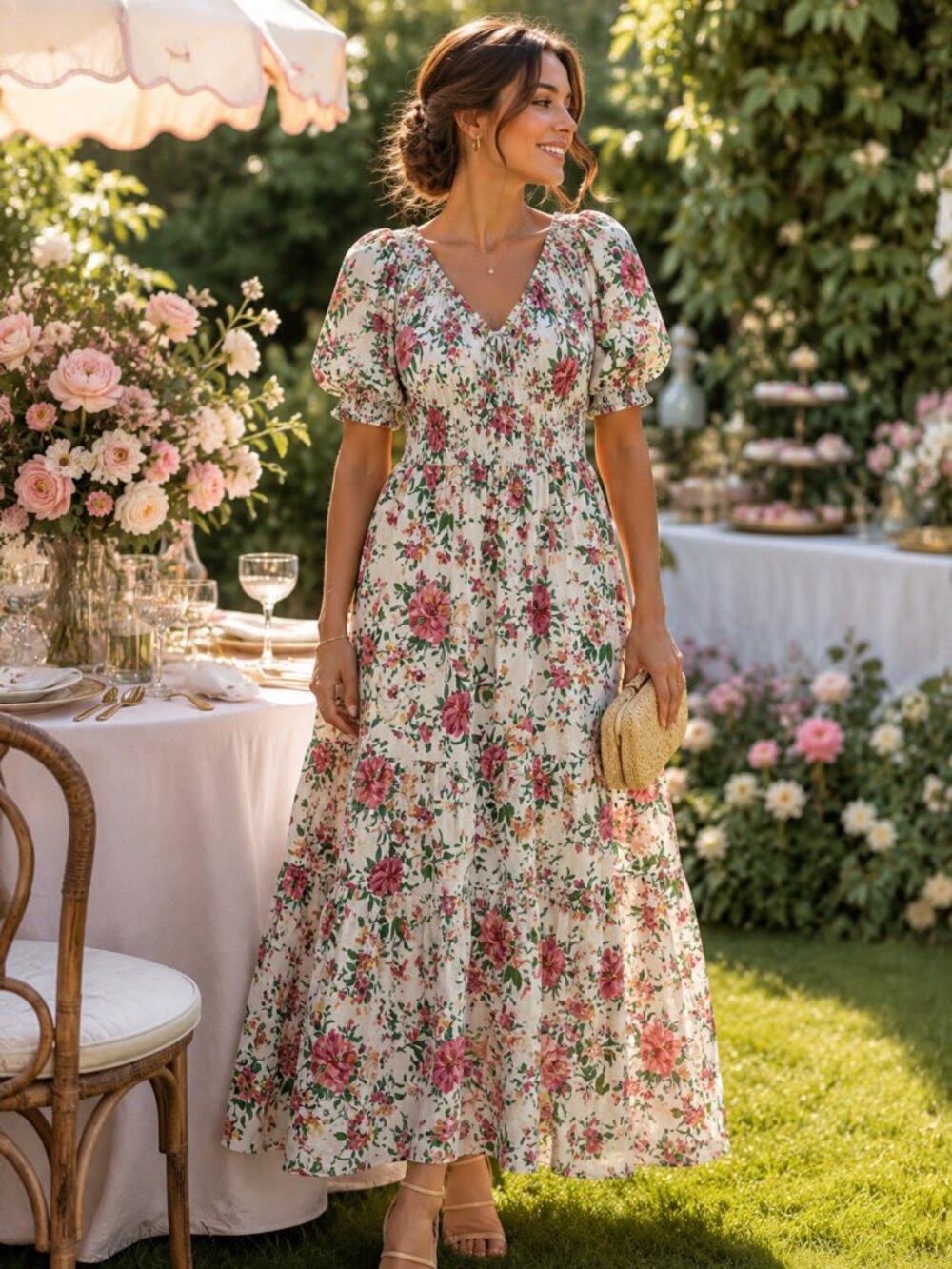 Anthropologie Romantic Cottagecore Floral Puff Sleeve Maxi Dress Size Small